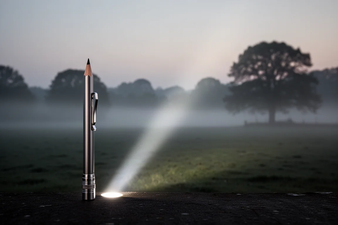 Narrow LEP flashlight throwing a focused beam across a dark field