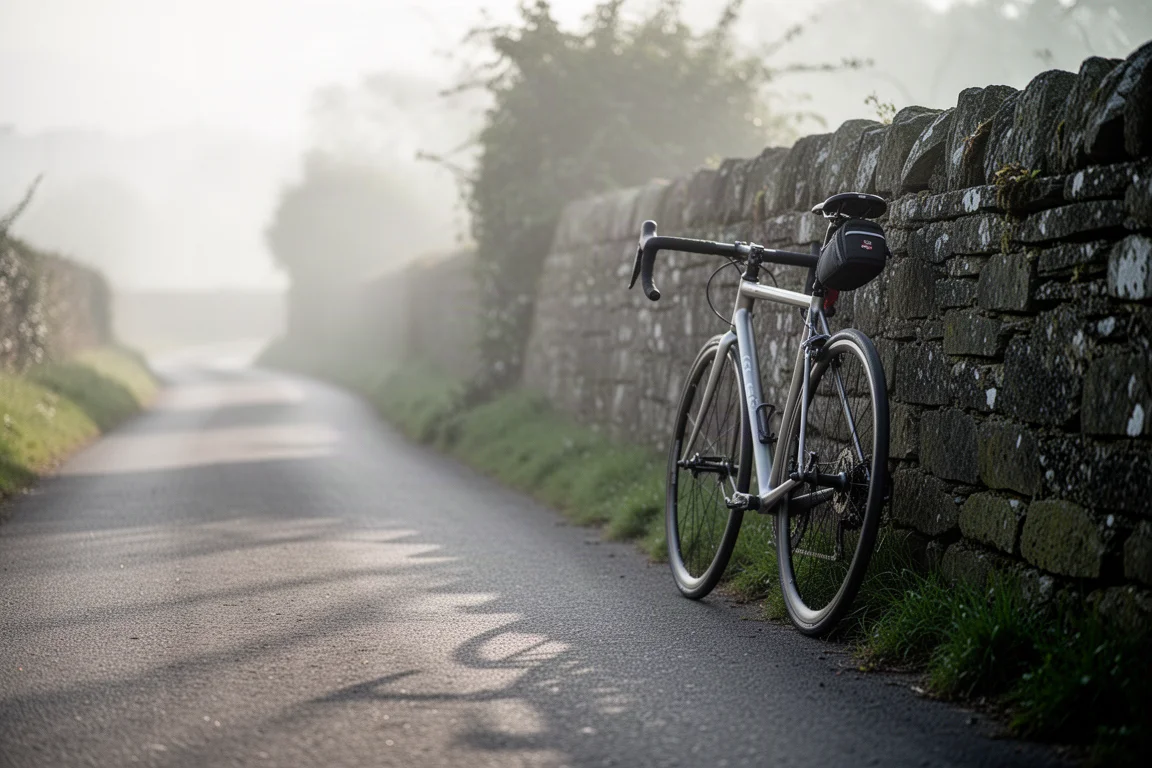 Racefiets leunend tegen een stenen muur op een landweggetje in het vroege ochtendlicht