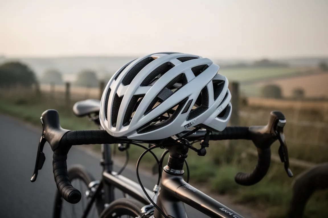 Geventileerde racefietshelm op het stuur bij een stop langs de weg in het ochtendlicht
