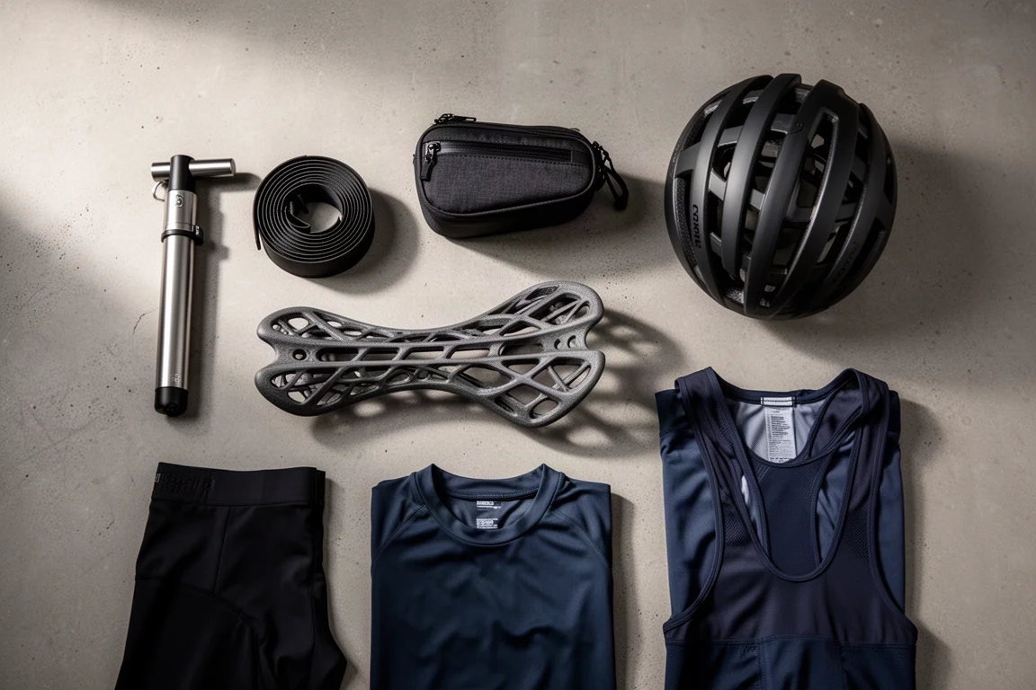 Overhead flat-lay of cycling gear on concrete with pump, bar tape, saddle bag, saddle and helmet