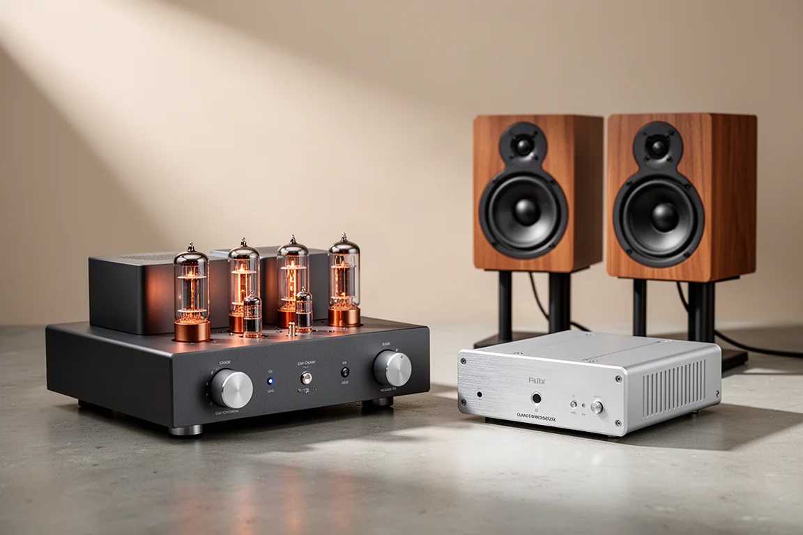Tube amplifier, class D monoblock, and compact bookshelf speakers arranged on concrete
