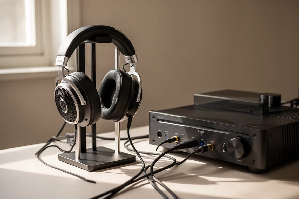 Hi-fi luisteropstelling met koptelefoon, DAC en versterker op een bureau