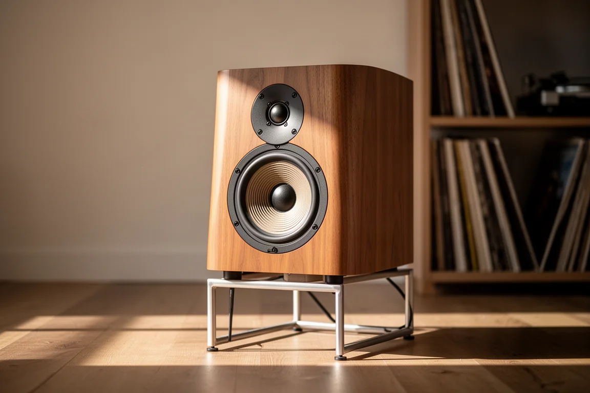 Boekenplankspeaker op standaard in luisterruimte met warme verlichting