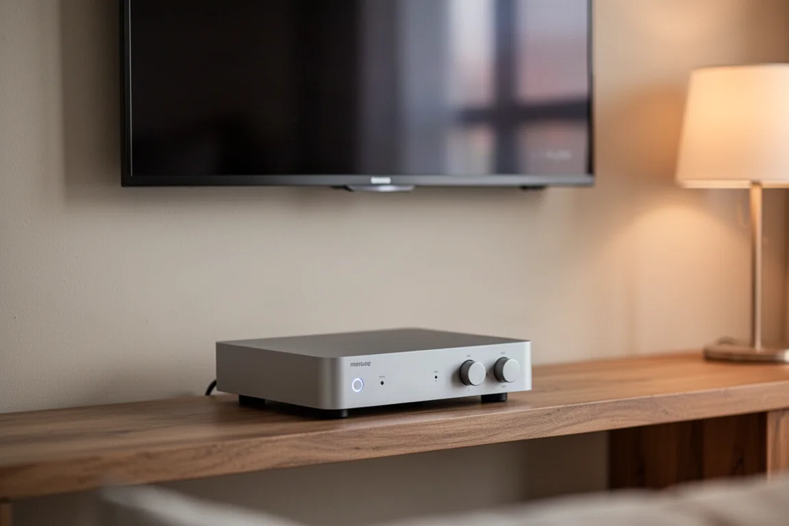 Kleine streamingversterker op plank met tv op de achtergrond
