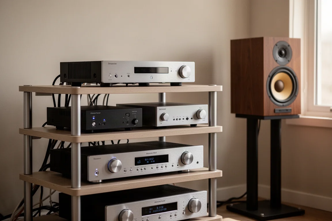 Netjes hi-fi rack met componenten en ordelijke kabels in een kamer