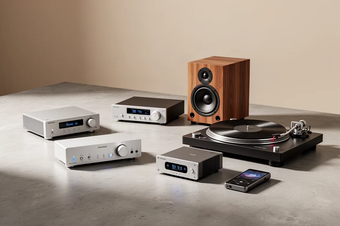 Six hi-fi components including streamer, DAC, speaker, turntable, amplifier, and music player on concrete
