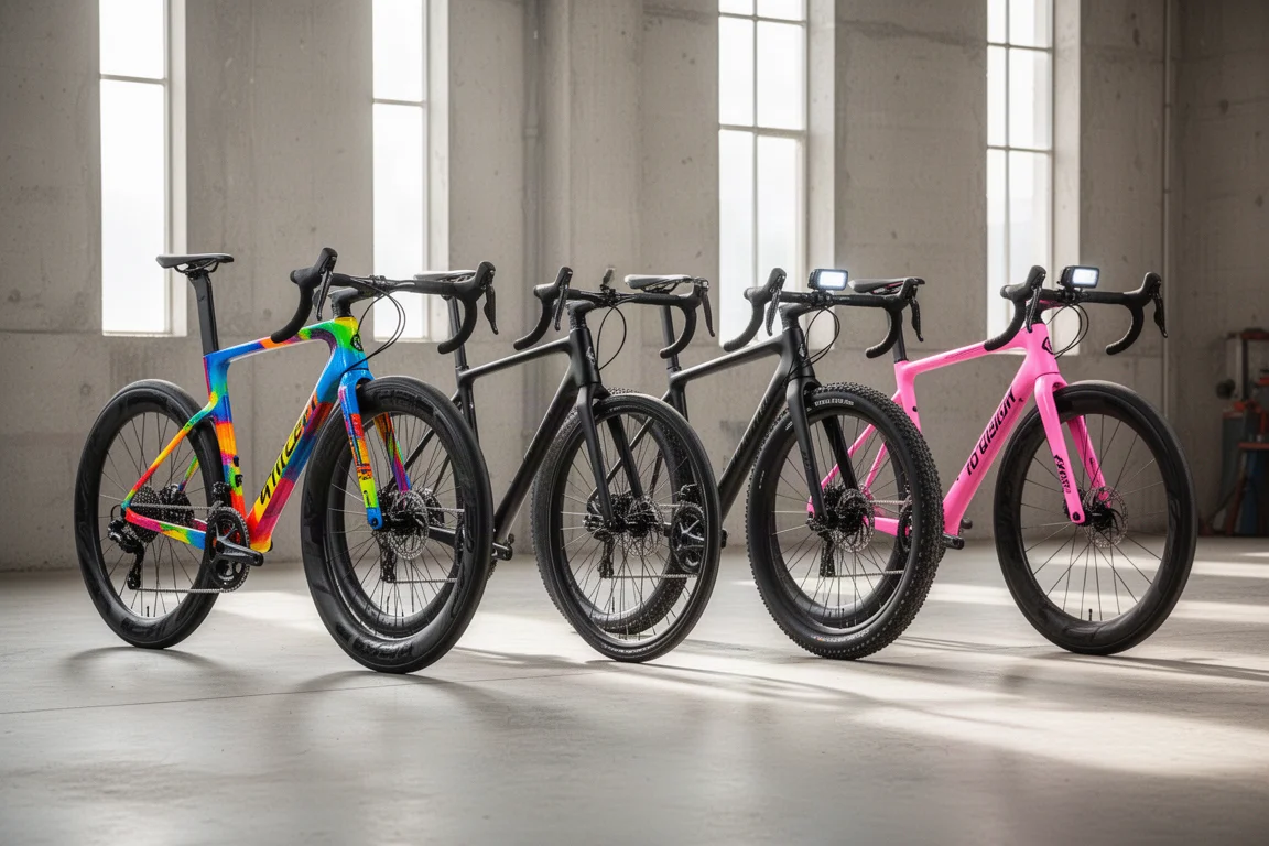 Four high-end road bikes lined up in a bright concrete workshop
