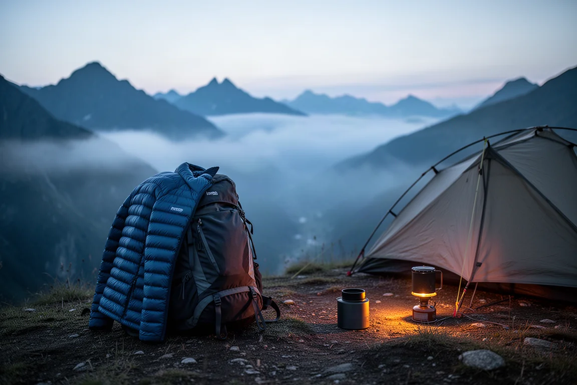 Gewatteerde donsjas gedrapeerd over een trekkingrugzak naast een tent in de schemering