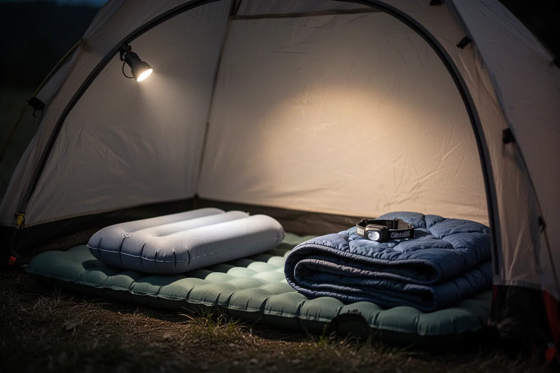 Opblaasbaar kussen op een slaapmat in een tent verlicht door een hoofdlamp