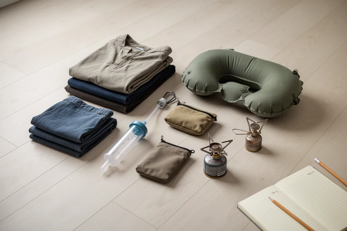 Backpackinguitrusting gesorteerd in stapels op een houten vloer naast een notitieboek
