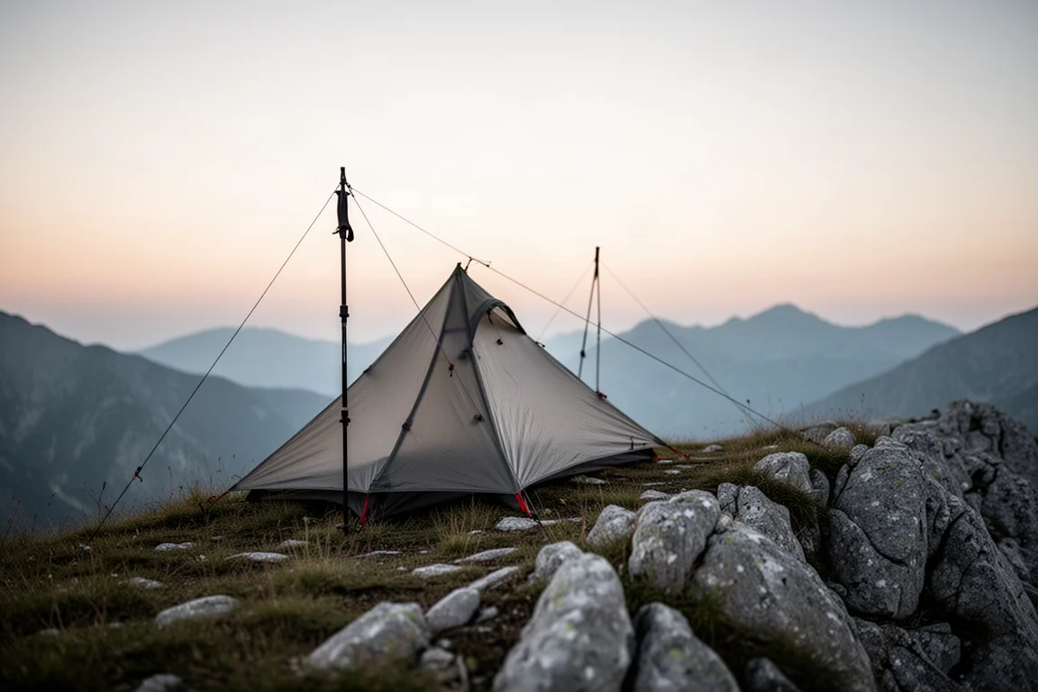 Ultraleichtes Trekkingstock-Zelt auf einem grasbewachsenen Grat über einem nebligen Tal im Morgengrauen