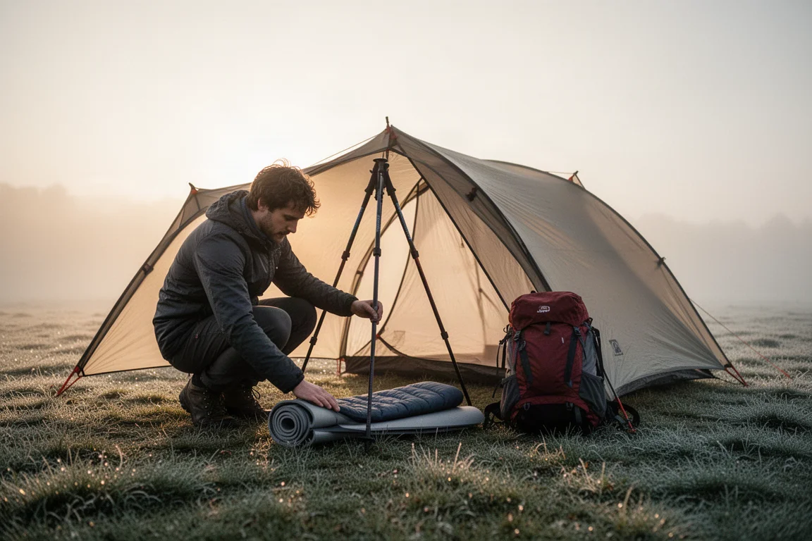 Kleines Trekkingstock-Zelt, das in der Abenddämmerung auf einem ruhigen Campingplatz von einer Stirnlampe angestrahlt wird