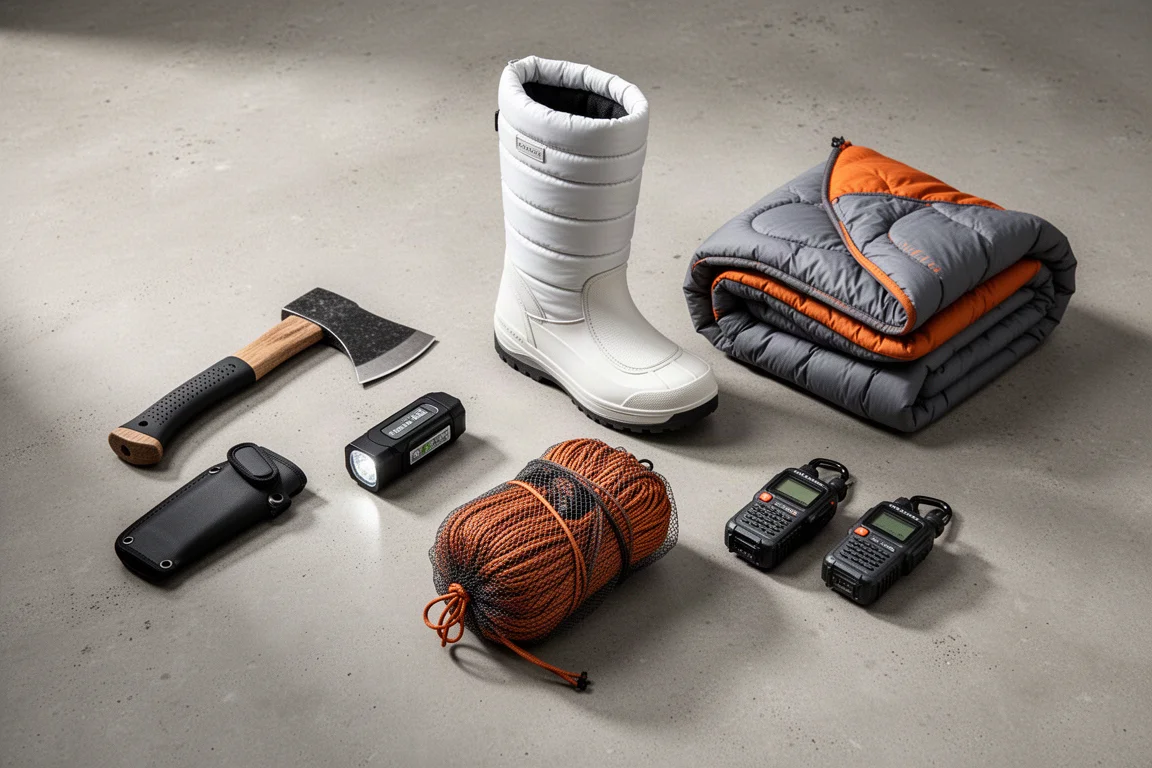 Six outdoor gear items on concrete: hand axe, flashlight, winter boot, quilt, hammock, radios