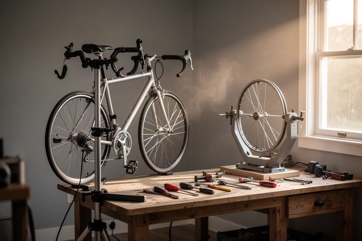 整潔工作坊內架在維修台上的自行車,工作台上擺著工具