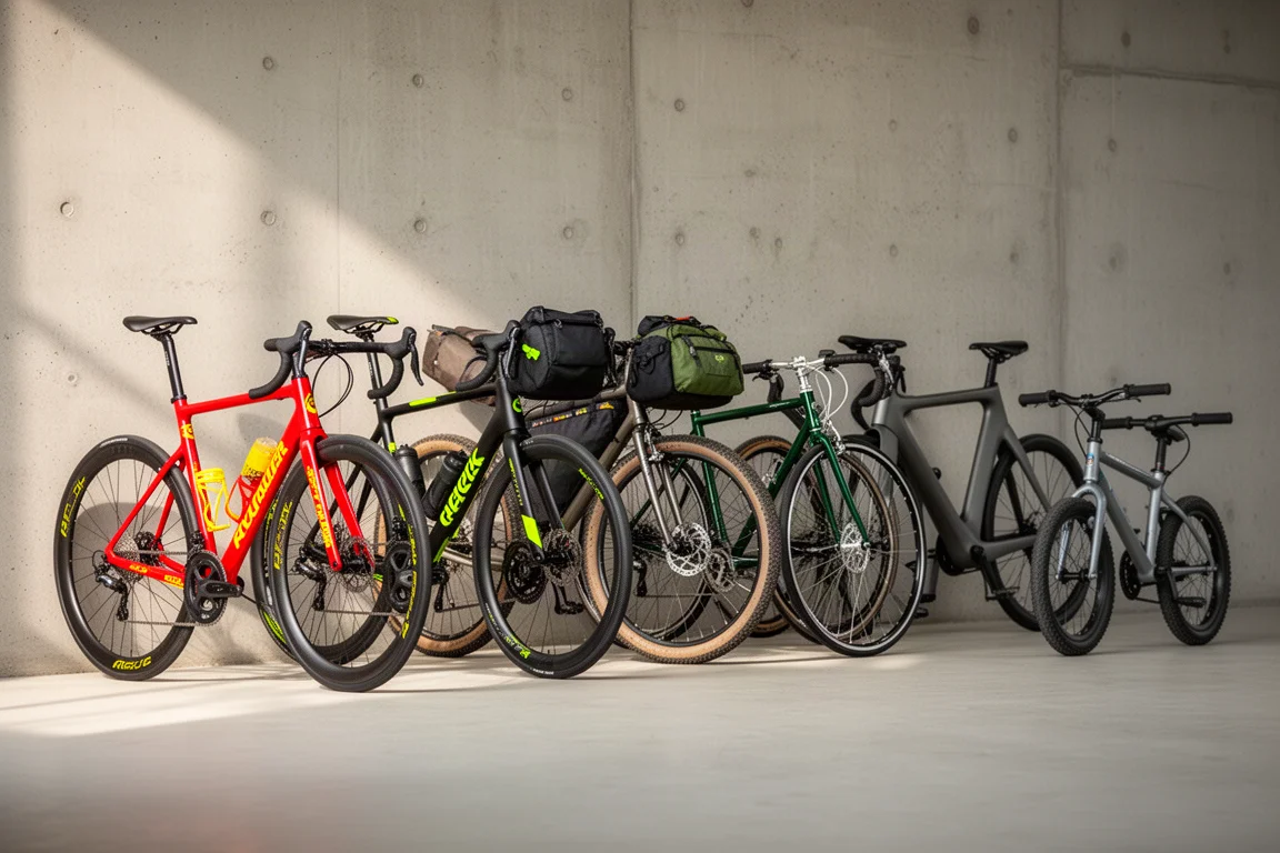 Zes verschillende fietsen op een rij tegen een betonnen muur in zacht daglicht