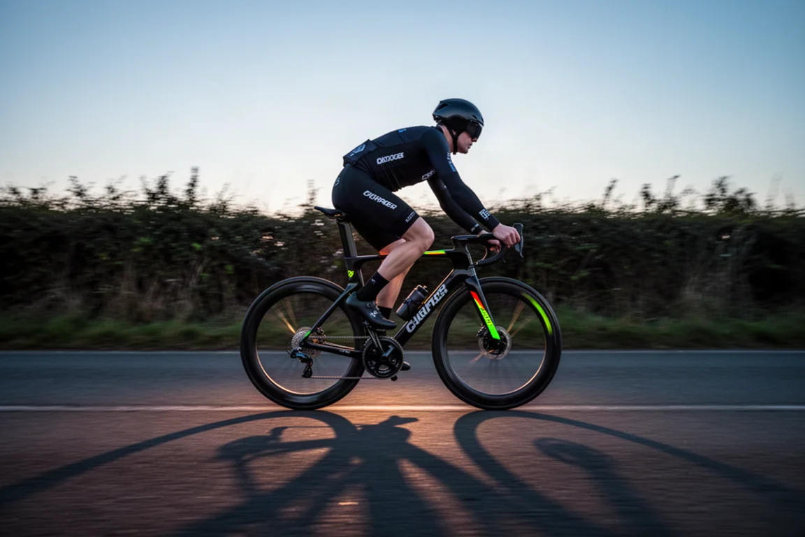 Rennradfahrer auf einem schwarzen Carbon-Rennrad auf offener Straße in der Abenddämmerung