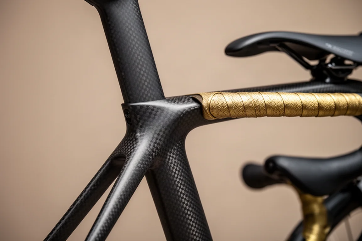 Nahaufnahme eines Carbon-Rennrad-Rohrknotens und goldfarbenes Lenkerband