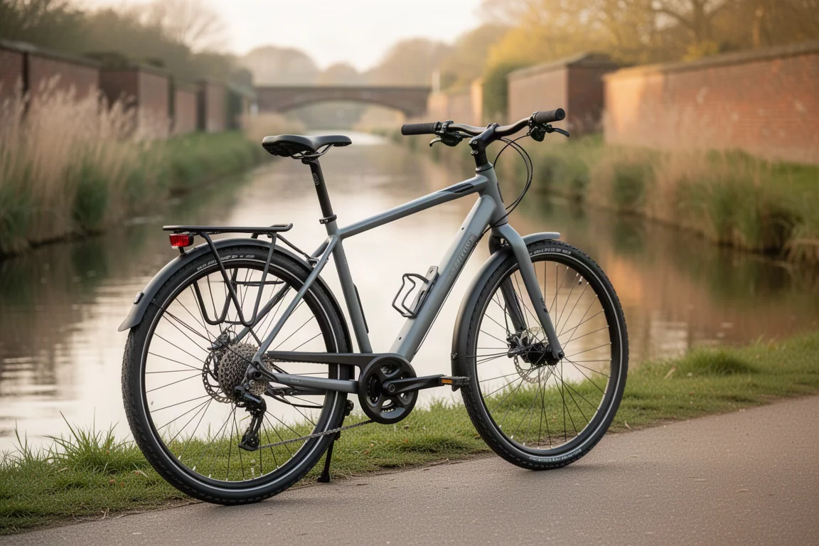 Bicicleta híbrida de desplazamientos urbanos con guardabarros aparcada junto a un sendero de canal