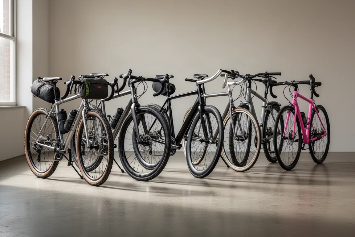 Sei bici allineate su un pavimento di cemento, tra cui build gravel, strada aero, acciaio e ibride