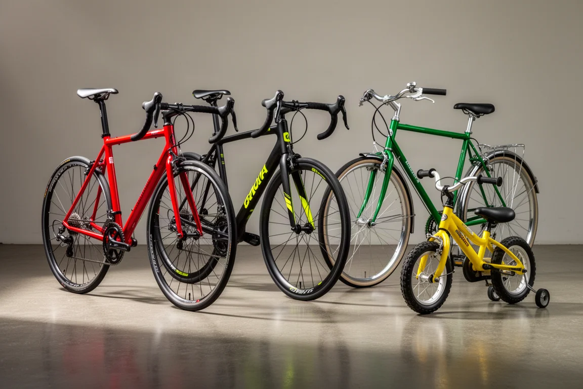 Four bicycles lined up on a concrete workshop floor in red, black, green and yellow
