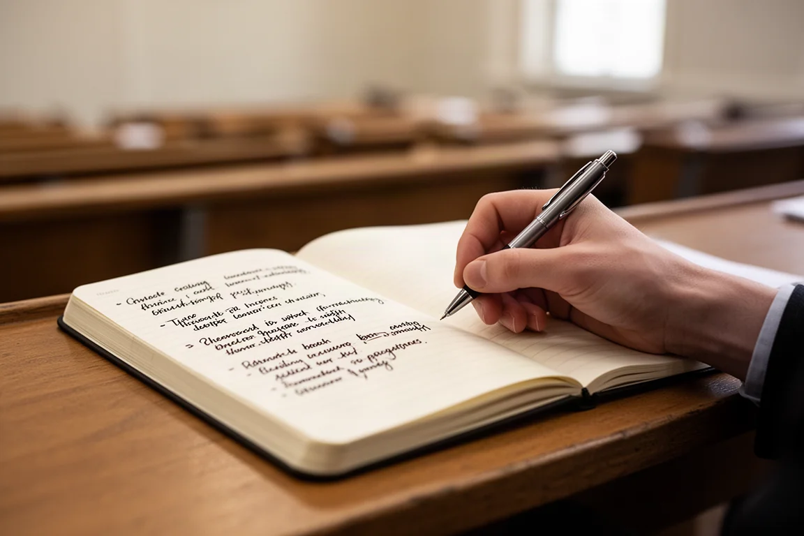 Student robiący odręczne notatki w zeszycie podczas wykładu