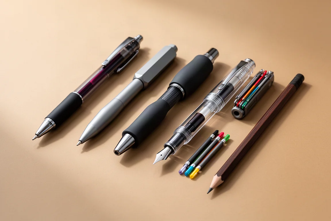 Flat-lay of six pens and a pencil arranged on a warm desk surface