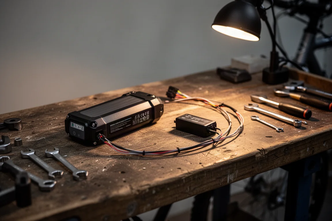 Batería y cableado de transmisión electrónica sobre un banco de taller con herramientas manuales