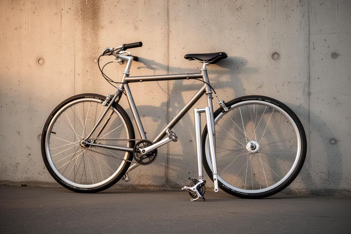 Bicicleta con horquilla delantera de un solo lado aparcada contra una pared con la rueda delantera quitada