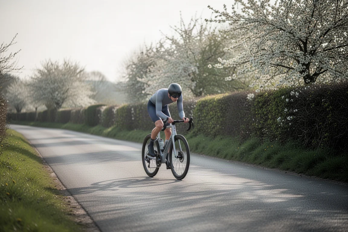 Road cyclist riding an endurance bike along an empty country lane in spring light