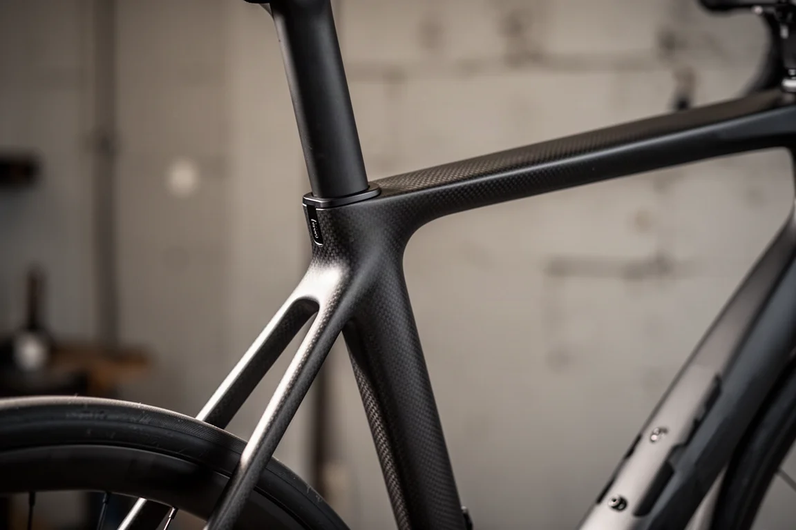 Detail of dropped seat stays and a slim seat tube on a modern road bike frame