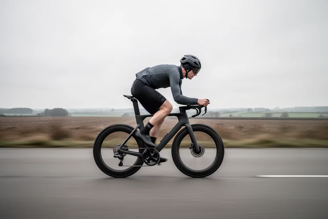 Rider on an aero road bike at speed with motion-blurred background