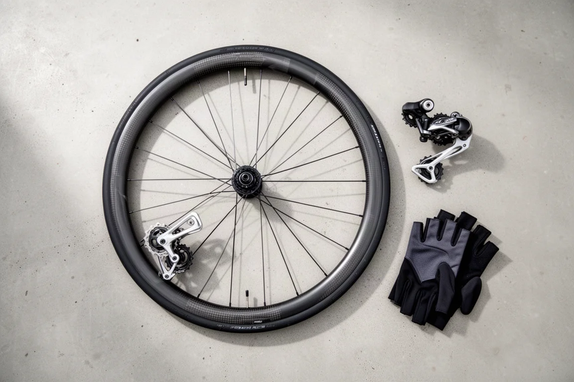 Overhead flat lay of a carbon wheel, rear derailleur and cycling gloves on concrete