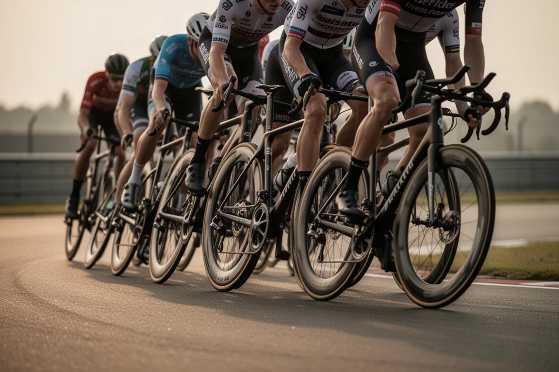 Gruppe von Amateur-Rennradfahrern in einer Kurve auf abgesperrter Strecke zur goldenen Stunde