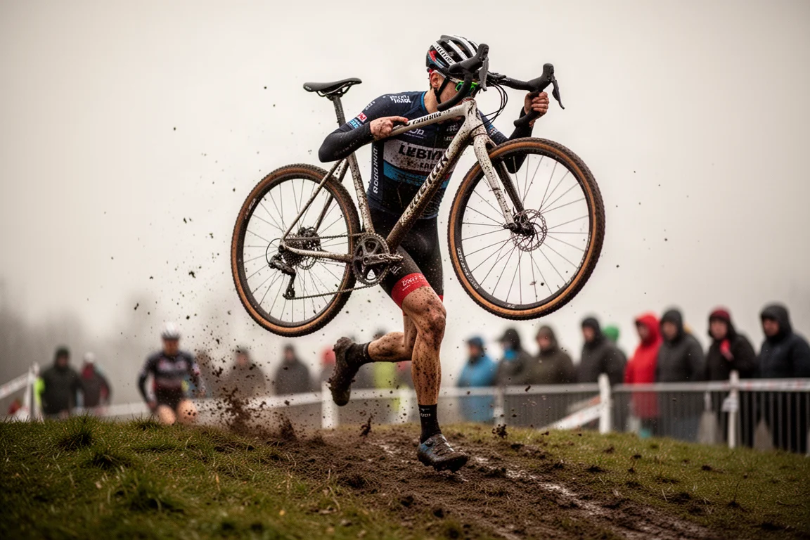 Cyclocross-Fahrer trägt ein schlammbedecktes Rad eine grasbewachsene Böschung hinauf