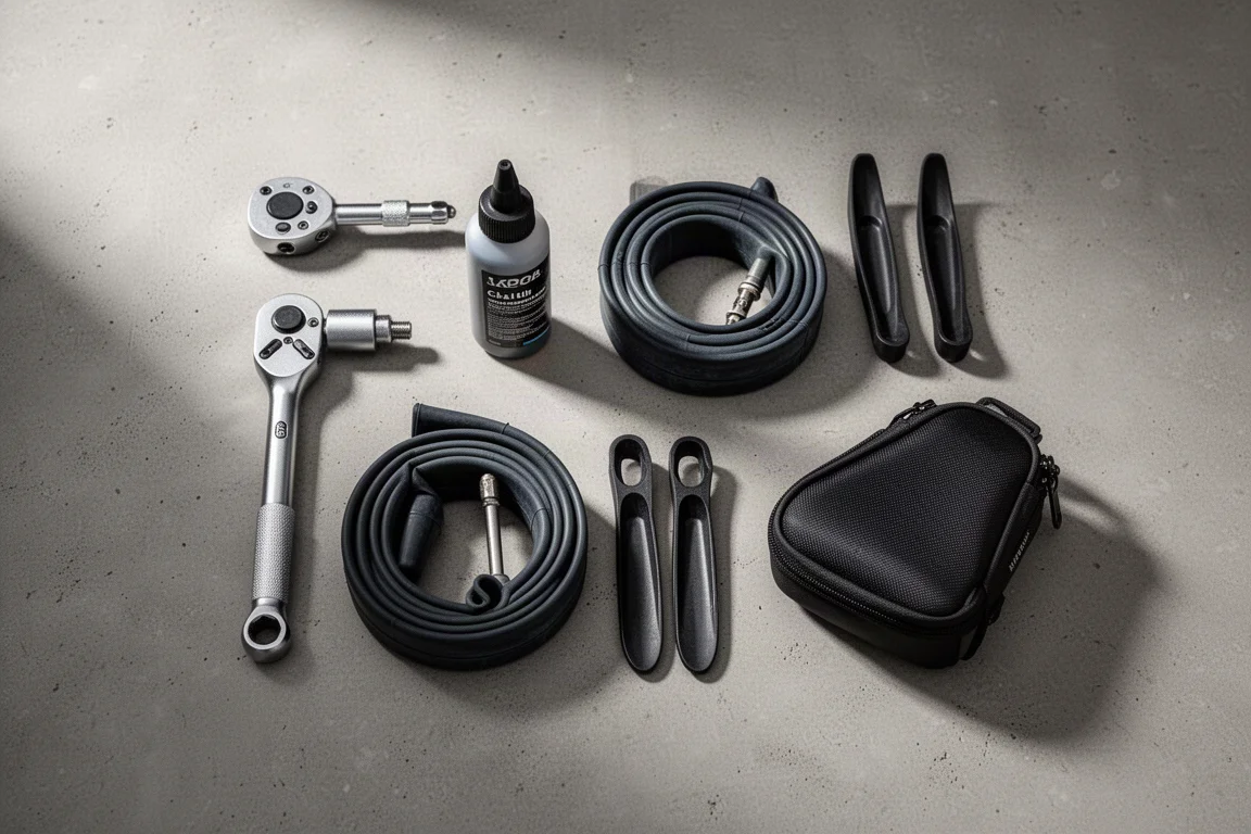 Flatlay von Fahrradwerkzeug und Schläuchen auf einer Betonfläche