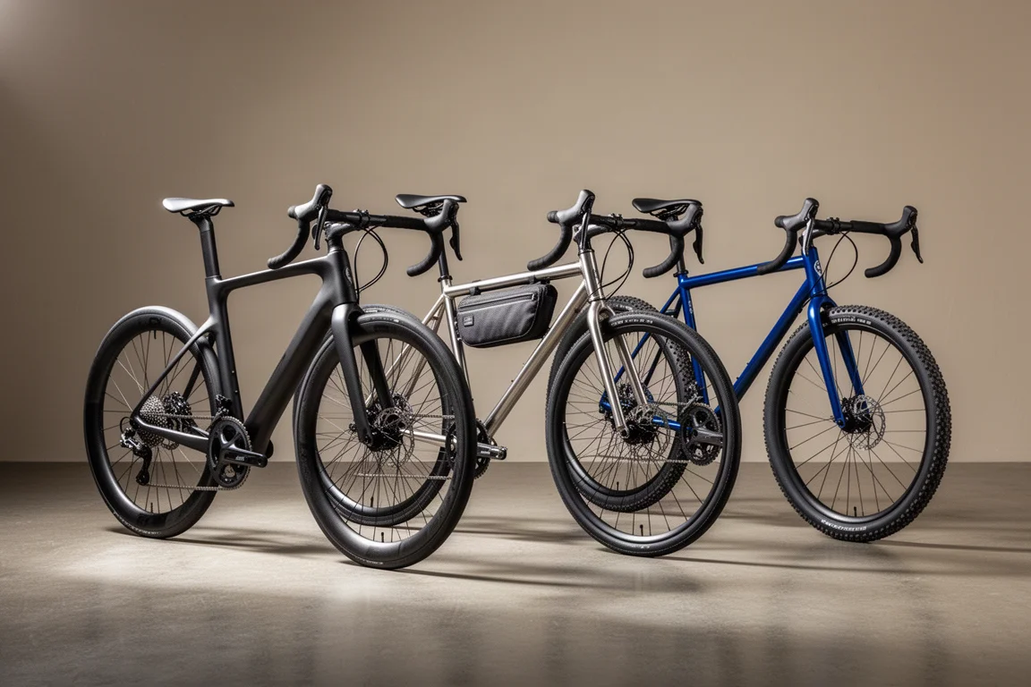 Drie racefietsen en gravelfietsen naast elkaar in een neutrale studio-opstelling
