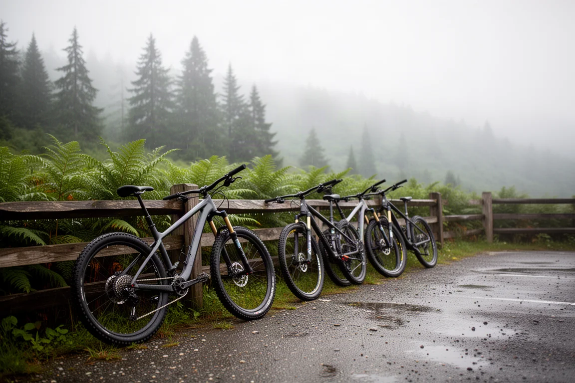 Mountainbikes lehnen an einem Zaun auf einem feuchten Parkplatz am Trailhead im Morgennebel