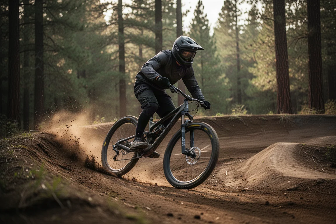 Fahrer auf einem Enduro-Mountainbike in einer schnellen Kurve auf einem Flowtrail im Wald