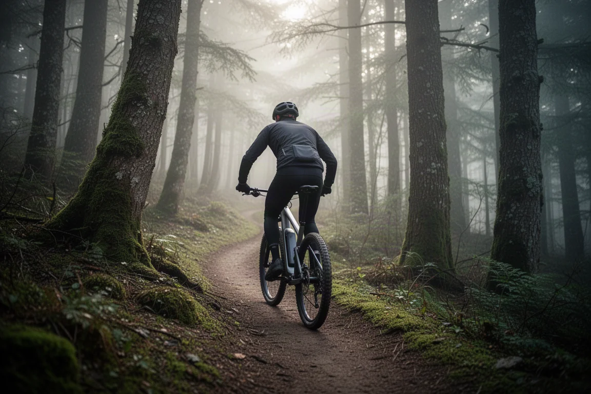 Fahrer auf einem leichten E-Mountainbike beim Anstieg auf einer nebligen Runde im Trailcenter