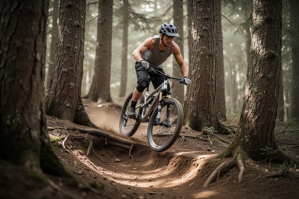 Trailbike in einer wurzeligen Singletrack-Kurve zwischen dicht stehenden Bäumen
