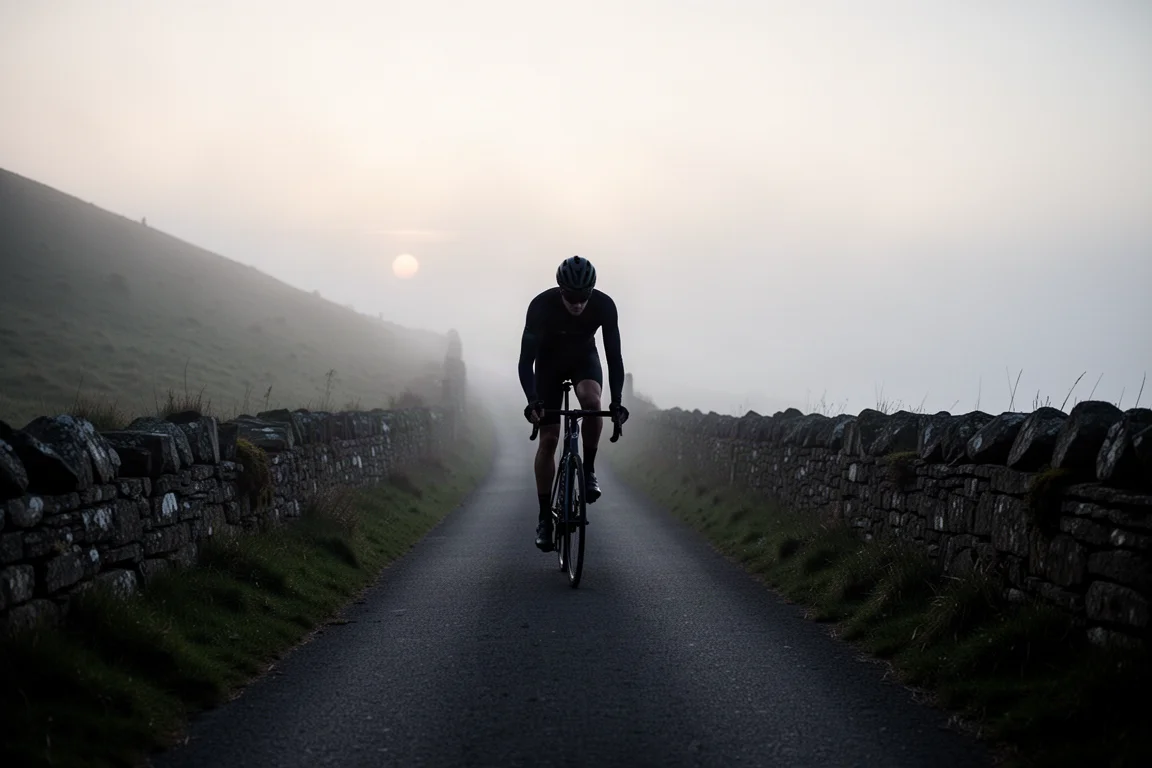 Ciclista su bici da strada che scala una ripida collina nebbiosa all'alba su una stretta strada asfaltata