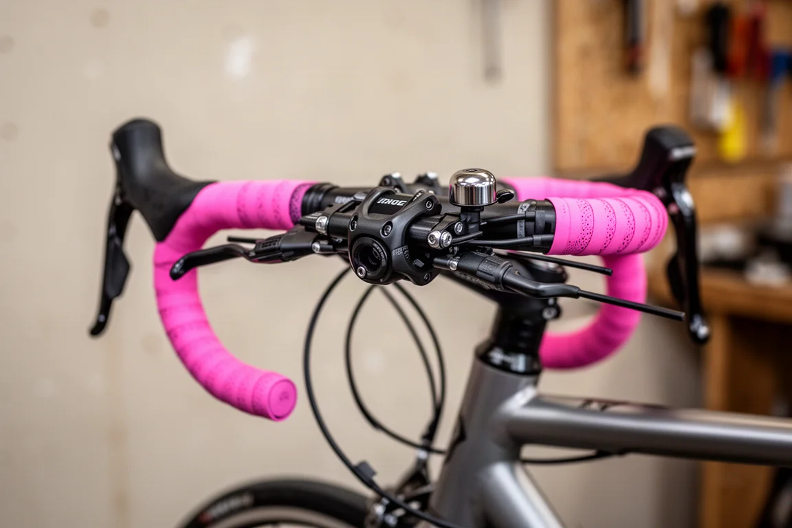 Primo piano del manubrio di una bici da strada con nastro rosa e un'unità nera convertitrice del freno