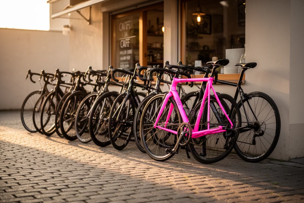 Fila di bici da strada parcheggiate fuori da un bar all'ora d'oro, una con telaio rosa