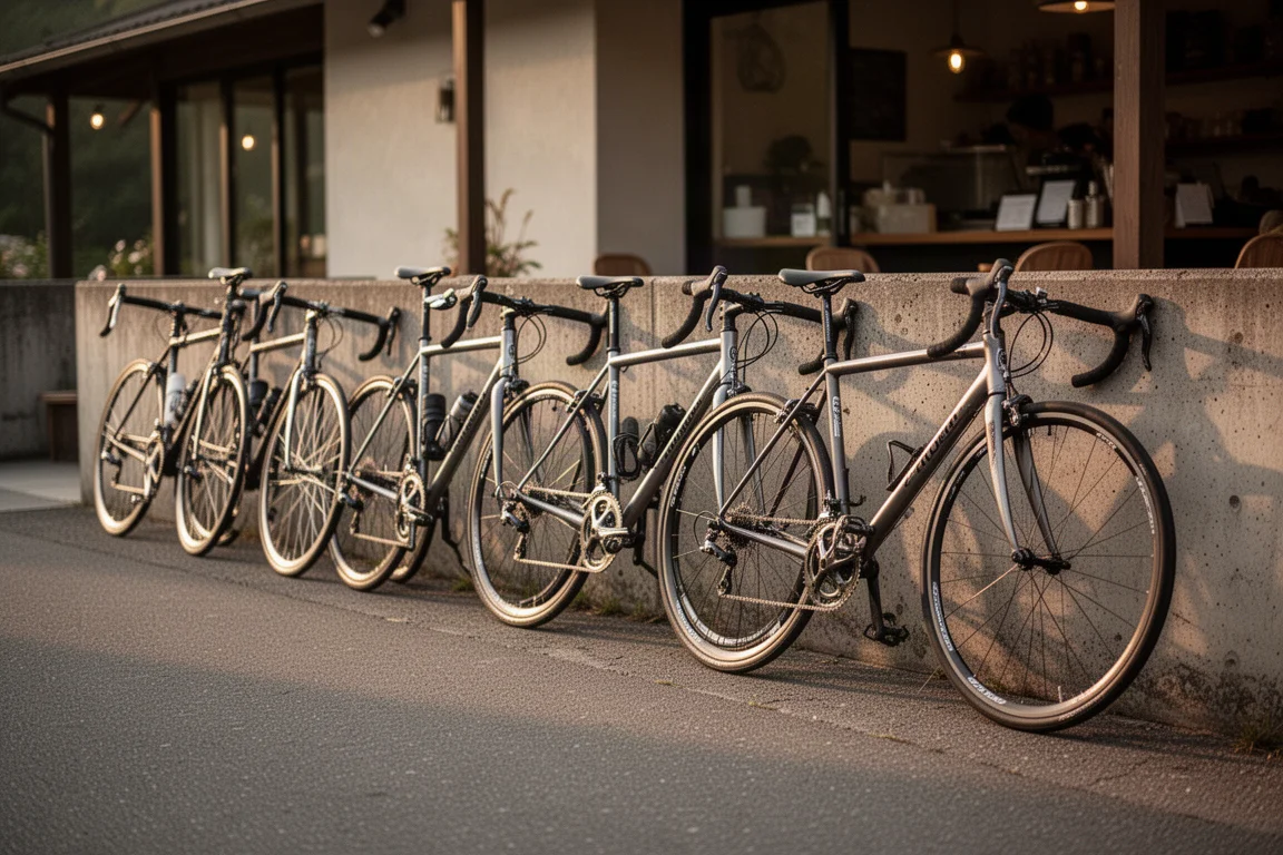 Row of road bikes parked outside a cafe in warm evening light