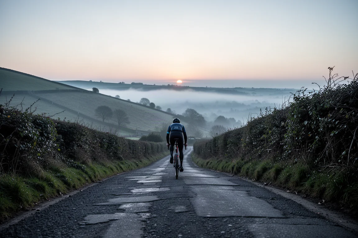 Cyclist climbing a steep narrow hill road at dawn