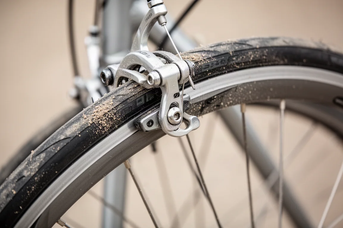 Close-up of a rim brake caliper gripping an alloy road wheel rim