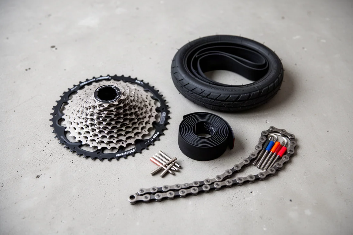 Flat-lay of road bike components on a concrete surface