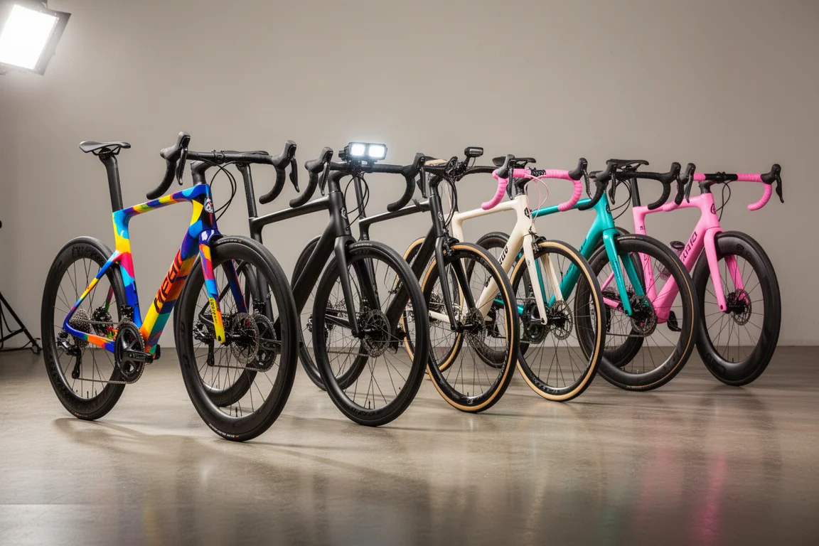 Six high-end road bikes lined up in a bright workshop with polished concrete floor