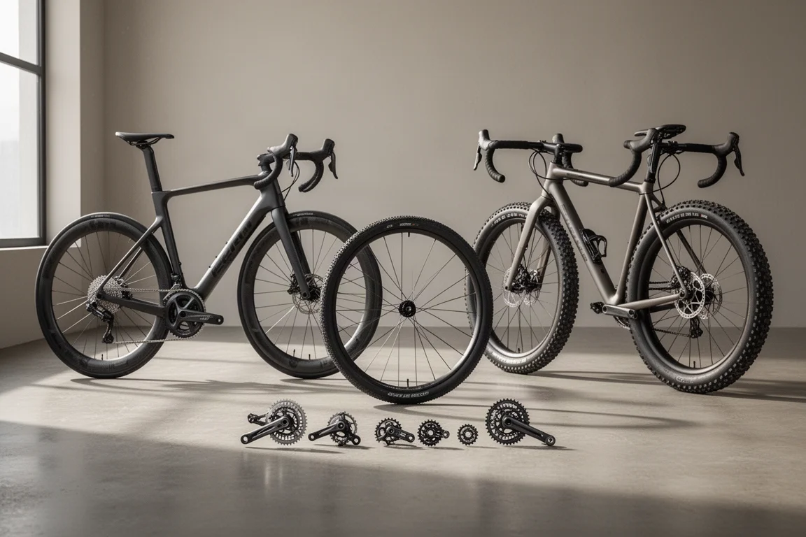 Bici da strada, bici gravel, ruota smontata e gruppo disposti su un pavimento in cemento