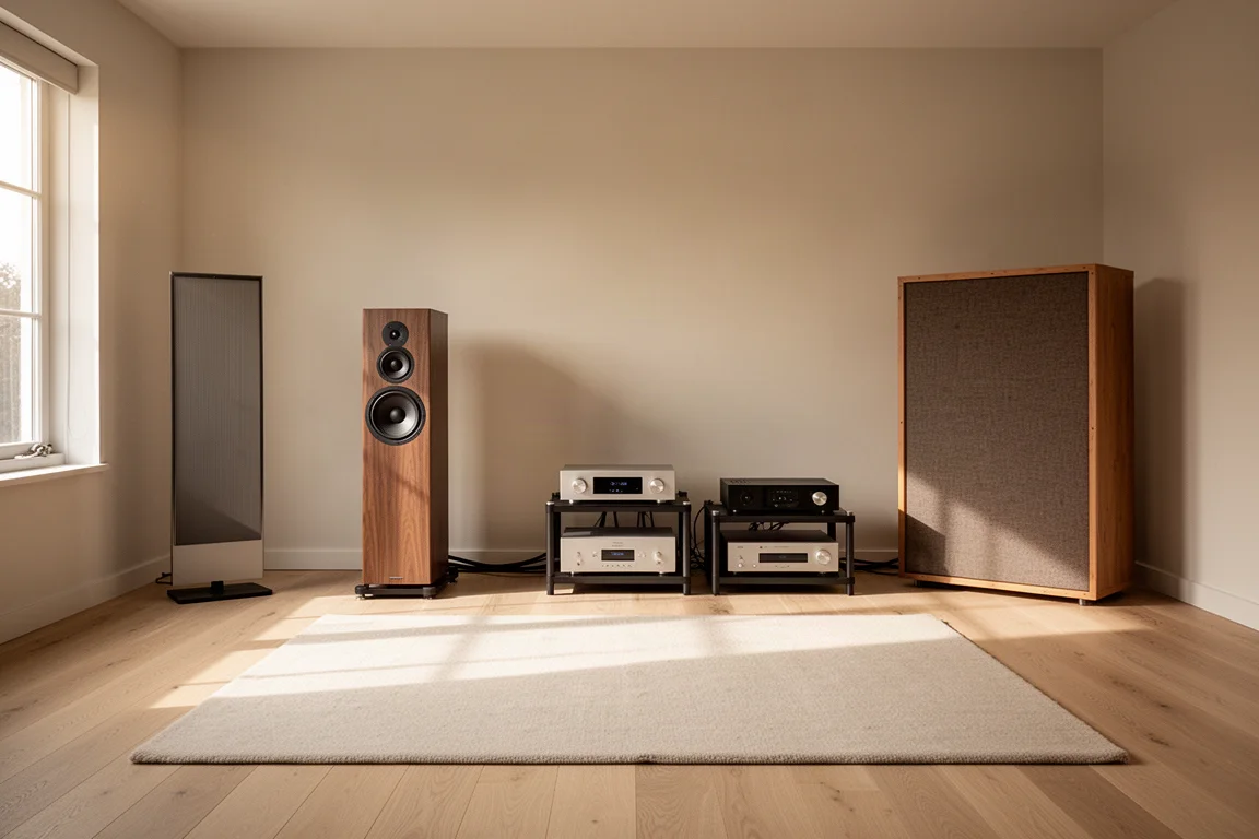 Listening room with a planar panel, a slim floorstander, and an open baffle speaker in place